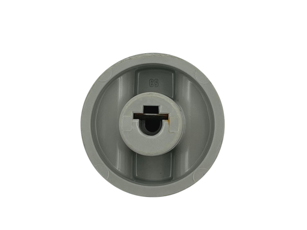 Náhradní knoflík ke sporáku Mora 2120, Gorenje 811480, 425261, knoflík termostatu trouby, šedý, orientace ukazatele k hřídeli - D