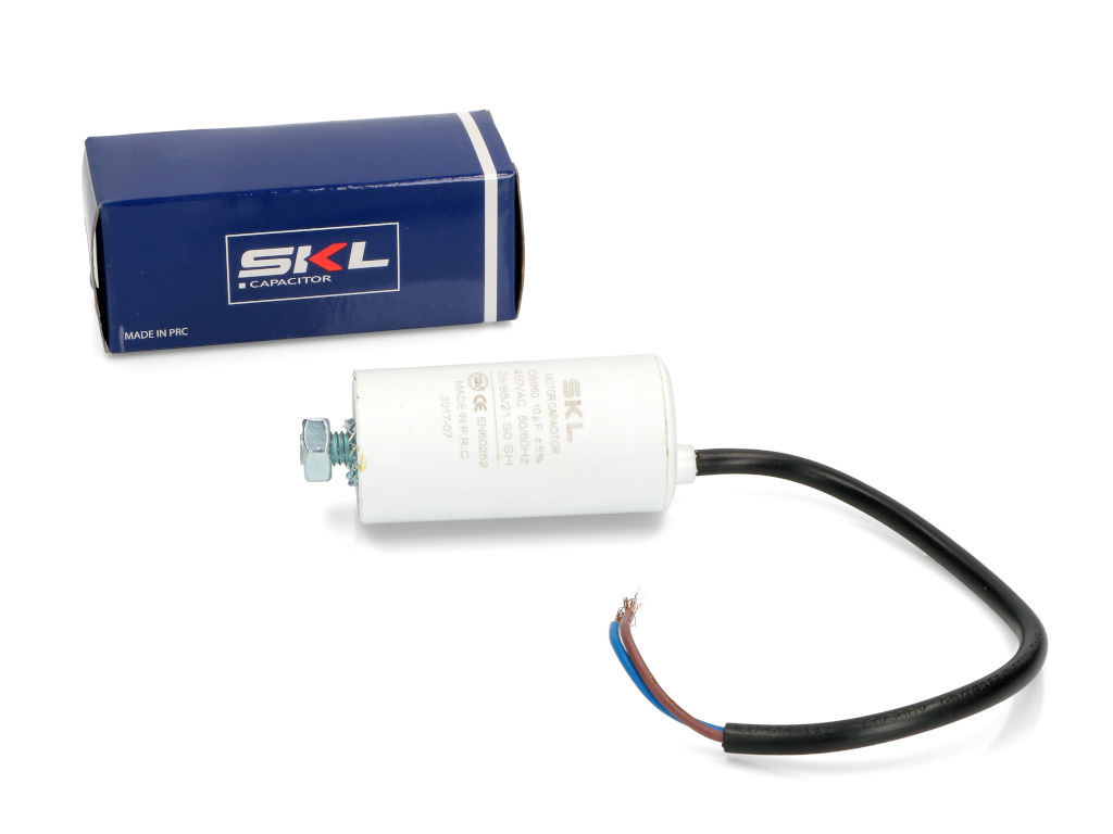 Rozběhový kondenzátor 10.0 uF ( 10uf ) 450V 50/60Hz CBB60 SKL, kabel 25cm, motorový běhový kondenzátor