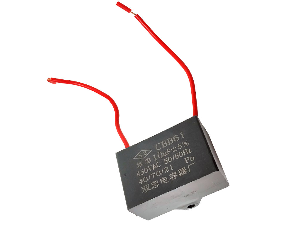 Rozběhový kondenzátor 10uF /  450V CBB61,  lankové vývody 10cm