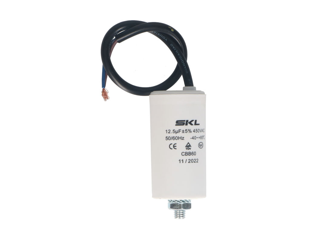 Rozběhový kondenzátor 12.5 uF ( 12.5uf ) 450V 50/60Hz CBB60 SKL, kabel 25cm, motorový běhový kondenzátor