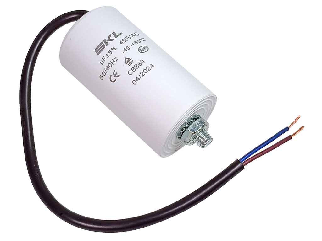 Rozběhový kondenzátor 20.0 uF ( 20.0uf ) 450V 50/60Hz CBB60 SKL, kabel 25cm, motorový běhový kondenzátor