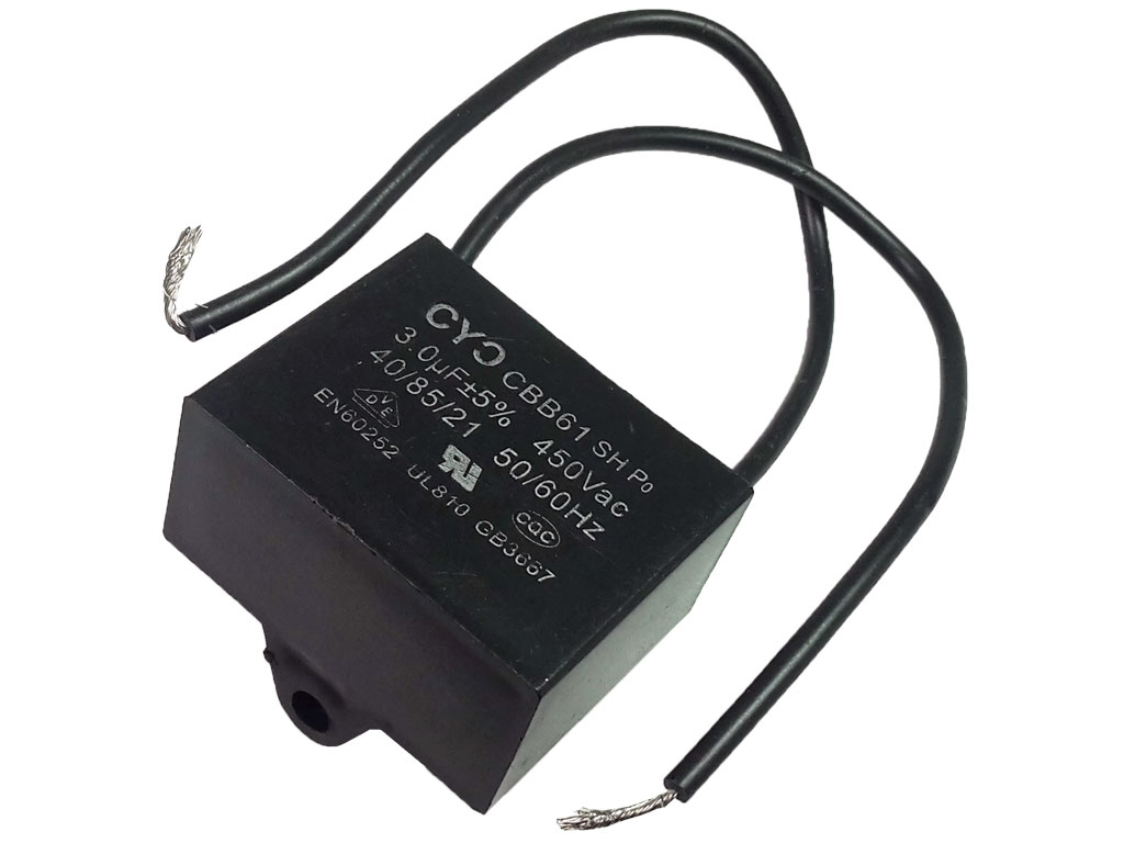 Rozběhový kondenzátor 3.0uF /  450V CBB61,  lankové vývody 10cm