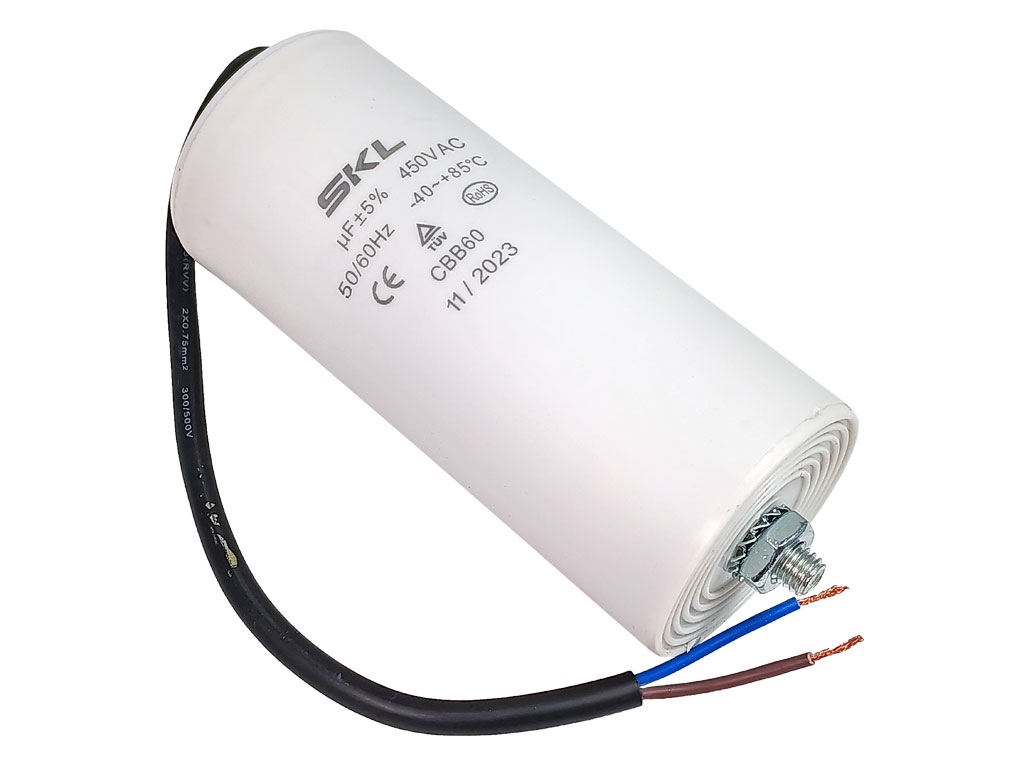 Rozběhový kondenzátor 80.0 uF ( 80.0uf ) 450V 50/60Hz CBB60 SKL, kabel 25cm, motorový běhový kondenzátor