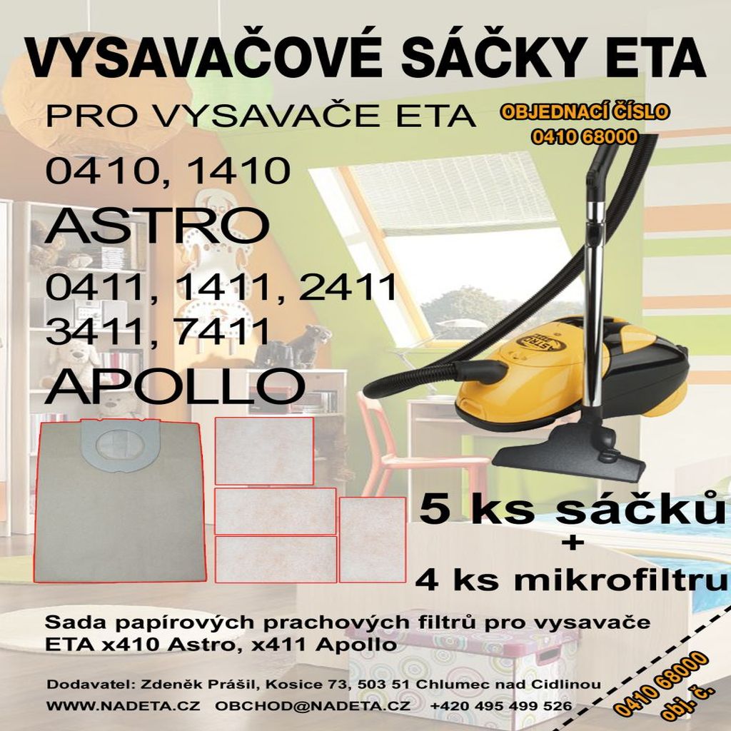 Sáčky do vysavače ETA 0410, 1410, 0411, 1411, 2411, 3411, 7411, 970468000, Astro, Apollo, Noblesse, filtry papírové ( ETA 041068000 )