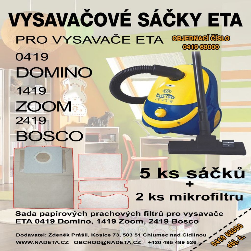 Sáčky do vysavače Eta 0419, 1419, 2419, Domino, Zoom, Bosco, syntetické pytlíky do vysavače sada 4ks + filtr do vysavače ( ETA 0419 68001 )
