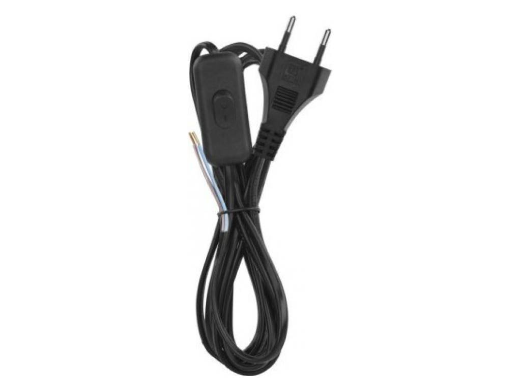 Síťový kabel, flexo šňůra 2x 0.75mm2 s vypínačem 250V 2.5A, dvojlinka černá plochá 2m 