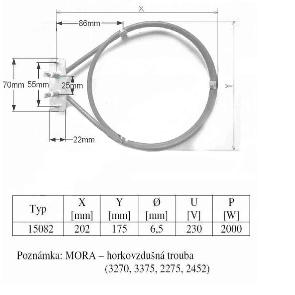 Topné těleso 2000W MORA kruhové sporák 2275, 2452, 3270, 3370, 3375, 3453, 3471, 3479, ZZ 15193 15082