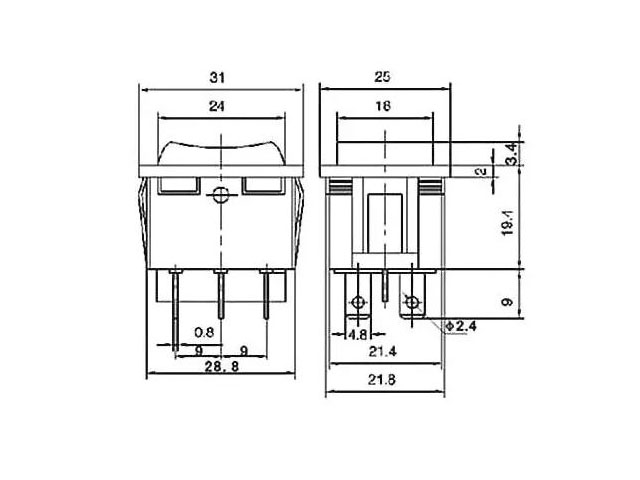 Vypínač kolébkový 3 polohy 6 pinů (ON)-OFF-(ON) KCD4